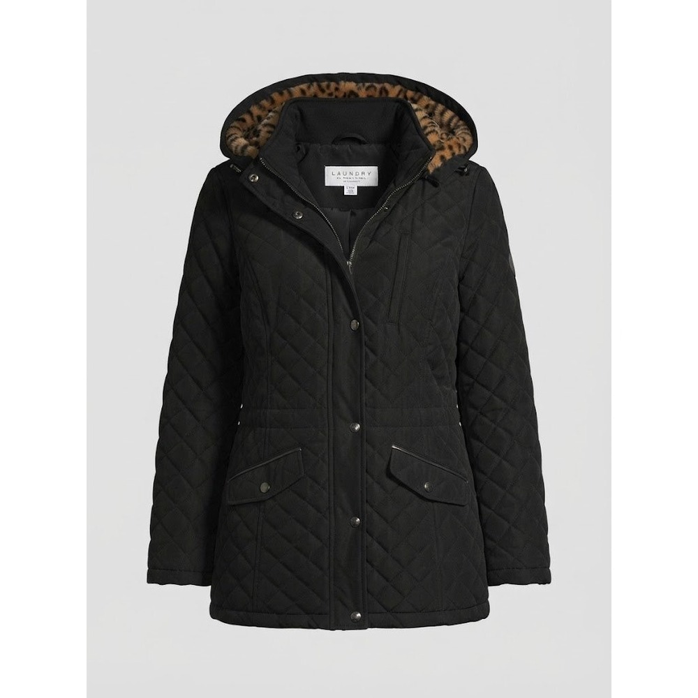 Laundry by Shelli Segal Black Quilted Jacket Leopard Faux Fur Hood Small
